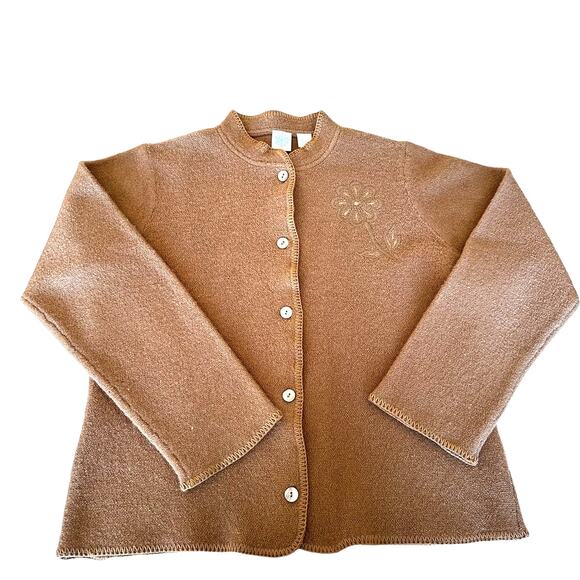 Womens Jacket Cardigan Size Large Brown Wool Chunky Button Floral Embroidery - Picture 5 of 10